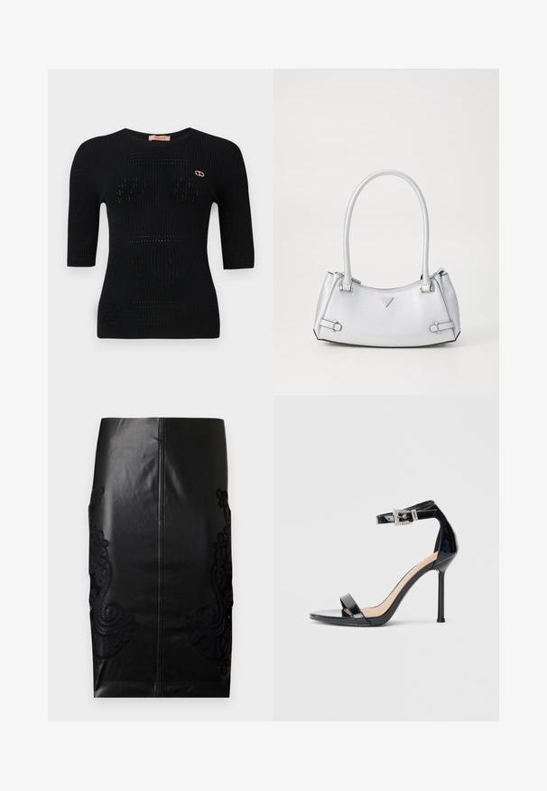 Top de punto acanalado negro con mangas cortas, que presenta patrones sutiles y un acento de logotipo dorado cerca del escote.; Falda de lápiz de cuero negra con intrincados bordados de encaje negro en los lados, parte trasera sin costuras y textura suave. Ajuste y silueta clásicos.; Sandalia de tacón alto en piel sintética negra con correa en el tobillo. Presenta un diseño minimalista, punta abierta y una hebilla con detalles de pedrería.; Bolso de mano plateado con un diseño estructurado, que cuenta con dos asas, textura brillante, herrajes de acento y un logo triangular en la parte frontal.