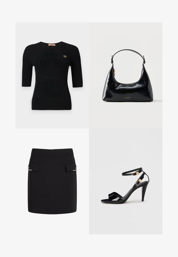Top de punto acanalado negro con mangas cortas, que presenta patrones sutiles y un acento de logotipo dorado cerca del escote.; Mini falda negra con dos bolsillos delanteros de solapa, cada uno con un pequeño detalle decorativo plateado en la esquina.; Sандalia de tacón alto de charol negro con dobles correas en el tobillo y hebillas doradas, punta abierta y tacón delgado y afilado sobre un fondo neutro.; Bolso negro brillante de Calvin Klein con cremallera dorada y correa corta sobre un fondo blanco liso.