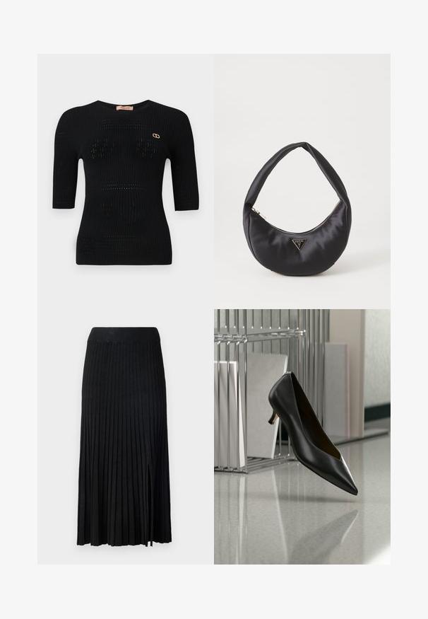 Top de punto acanalado negro con mangas cortas, que presenta patrones sutiles y un acento de logotipo dorado cerca del escote.; Falda midi plisada negra con cinturilla acanalada, con tejido texturizado, abertura lateral y líneas verticales en todo el diseño.; Zapato de cuero negro con punta afilada y tacón kitten flotando sobre un suelo gris moteado, junto a un organizador metálico de archivos con carpetas.; Bolso de satén negro con forma curva, que cuenta con un cierre de cremallera y un logo triangular en metal en la parte delantera. Textura suave y diseño elegante.