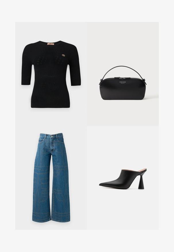 Sort ribbet strikket top med korte ærmer, der har subtile mønstre og en guldfarvet logo detalje nær halsudskæringen.; Bredde bukser i medium blå denim med kontrastsy mønstre og flere lomme designs. Høj talje med knaplukning.; Sorte lædermules med spids tå og en unik kegleformet hæl. Glat tekstur og minimalistisk design, åben bagside for nem påtagning.; Sort læderhåndledstaske med sølv lynlås og kort hank, prægede Emporio Armani Milano 1981-logo foran.