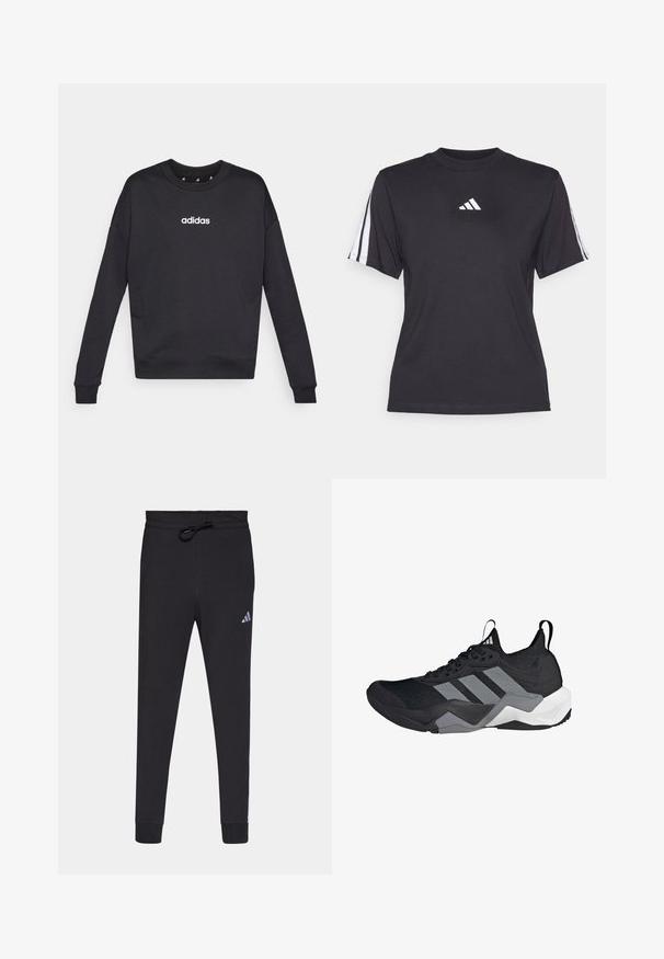 Sweatshirt noir Adidas à manches longues, col rond et logo blanc sur la poitrine. Fabriqué en tissu doux avec des poignets et un ourlet côtelés.; T-shirt de sport noir en tissu doux, avec un col rond, des manches courtes et trois rayures blanches sur chaque épaule. Logo blanc sur la poitrine.; Pantalons de sport noirs en tissu doux, avec une taille à cordon, des jambes fuselées et un petit logo Adidas blanc sur la cuisse gauche.; Chaussure de sport noire avec une tige en maille respirante, des accents gris, une semelle texturée et trois rayures distinctives sur le côté.
