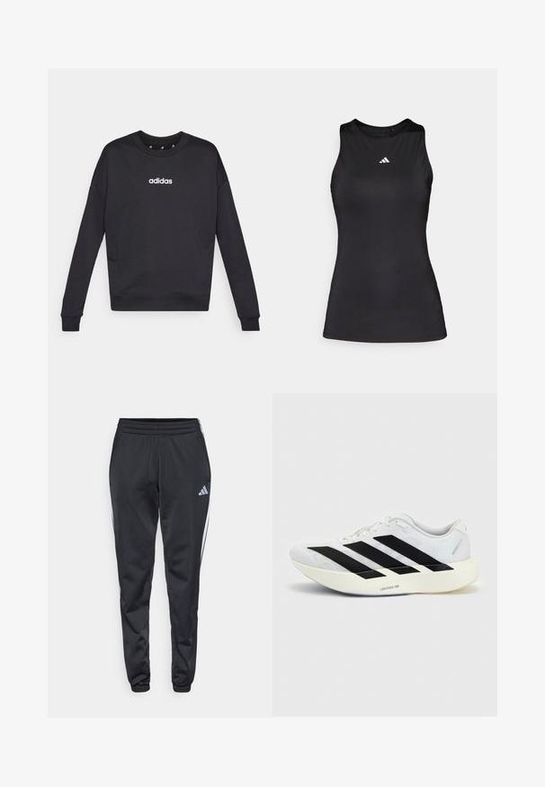 Mustad must Adidas särk pikal varrukatega, ümmarguse kaelusega ja valge logoga rinnal. Valmistatud pehmest kangast, millel on soonikkoes varrukaotsad ja alläär.; Must kahega sportlik top, mis on valmistatud siledast kangast. Omab ümmargust kaelust ja väikest valget Adidas logo rinnal.; Must have elastseemiga pehmendatud mustad spordipüksid kitsenevate jalgadega ja valged küljeribad. Vasakul reiele on disainitud väike hall trefoil logo.; Valge jooksujalanõu musta kolme triibu disainiga küljel ja paksu valge tallaga, millel on silt "Lightstrike Pro" ühtlasel taustal.
