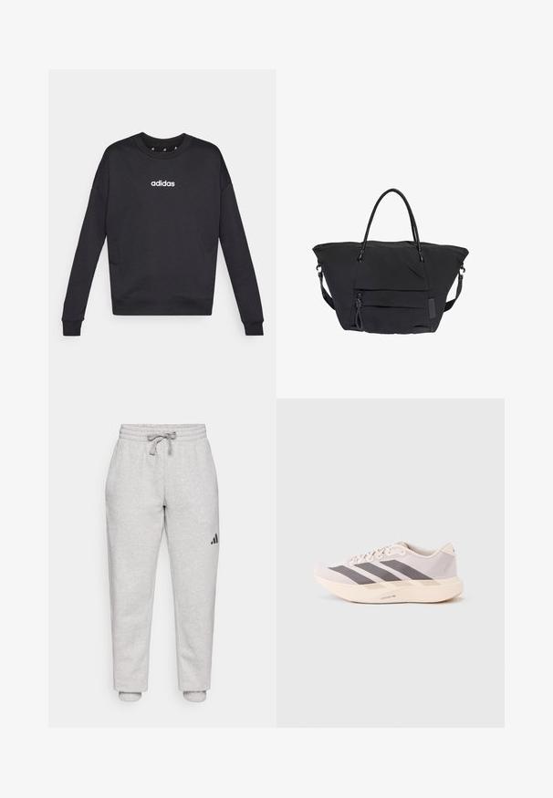 Sweatshirt noir Adidas à manches longues, col rond et logo blanc sur la poitrine. Fabriqué en tissu doux avec des poignets et un ourlet côtelés.; Pantalons de jogging gris clair avec taille élastique et cordon de serrage. Chevilles resserrées. Détail logo noir sur la jambe gauche. Matériau en coton doux.; Baskets de sport légères en rose pâle et gris, avec une tige en mesh, trois bandes sombres et une semelle épaisse crème portant l'inscription "LIGHTSTRIKE PRO".; Grand sac cabas noir avec double poignées, poche zippée à l'avant et bandoulière amovible sur fond blanc.