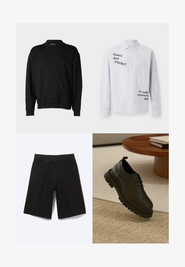 Sort sweatshirt med høj, ribbet krave, lange ærmer og en afslappet pasform. Blød tekstur med ribbede manchetter og kant.; Hvid skjorte med tynde sorte lodrette striber og sort tekst med teksten "CHAOS AND DISSENT" og "IN SEARCH UNCONDITIONAL FREE" foran.; Sorte denim shorts til knæet med frontknap, bæltestropper og fem lommer, vist mod en hvid baggrund.; Sort lædersko med en tekstureret overflade, rund tå, snørelukning og en kraftig sort gummisål. Svævende over et vævet tæppe.