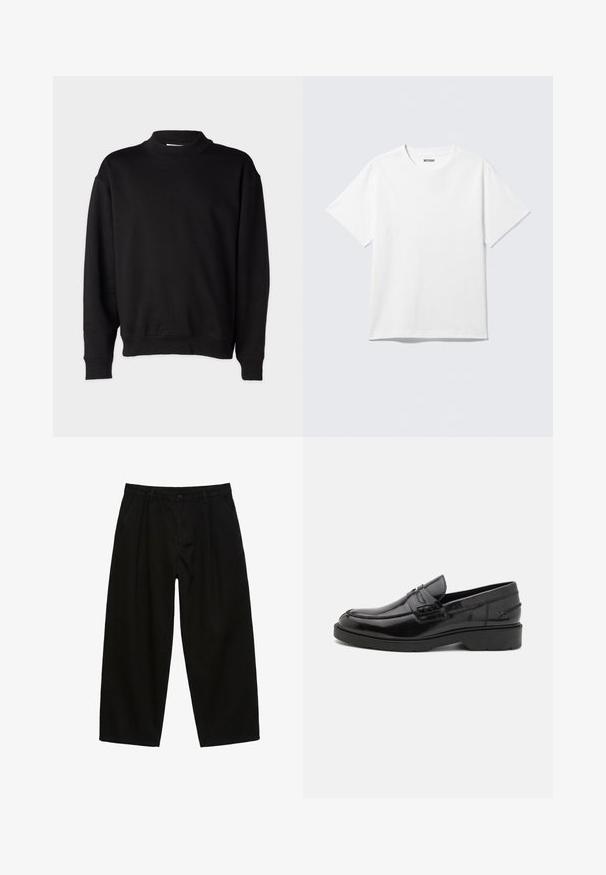 Sweatshirt noir avec un col montant côtelé, des manches longues et une coupe décontractée. Texture douce avec des poignets et un ourlet côtelés.; T-shirt blanc à manches courtes et col rond, étalé à plat, design uni, avec l'étiquette "WEEKDAY" à l'intérieur du col sur un fond clair.; Pantalon noir à jambes larges avec bouton sur le devant, passants pour ceinture, poches latérales et coupe décontractée.; Mocassins en cuir noir avec une finition lisse, un bout rond, un petit talon et descoutures décoratives à l'avant. Semelle en caoutchouc pour l'adhérence.