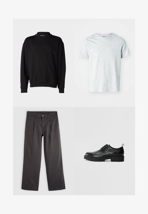Sort sweatshirt med høj, ribbet krave, lange ærmer og en afslappet pasform. Blød tekstur med ribbede manchetter og kant.; Lys grå, kortærmet t-shirt lavet af blødt stof, med en rund hals og en let afslappet pasform. Ingen synlige mønstre eller grafik.; Mørkegrå bukser med lige ben med forreste knap- og lynlås, bæltestropper og sidelommer, lagt fladt på en lys baggrund.; Sort læder sko med en rund tå, der har snørelukning, solid sort gummisål og en lille hælflap bagpå.