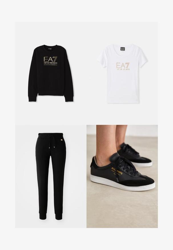Čierna mikina s výrazným zlatým kovovým logom "EA7 Emporio Armani" na prednej strane, s rebrovanými manžetami a lemom.; Biela bavlnená tričko s okrúhlym výstrihom, na prednej strane sa nachádza centrálny logo "EA7 EMPORIO ARMANI" zlatým tónovaným kamienkom.; Čierne zúžené tepláky so šnúrkou v páse a manžetami na členkoch, vystavené na jednoduchom bielom pozadí.; Čierne kožené a semišové sneakers s bielymi gumovými podrážkami. Obsahujú tónové šnúrky a zlaté logo na strane. Plochý dizajn.