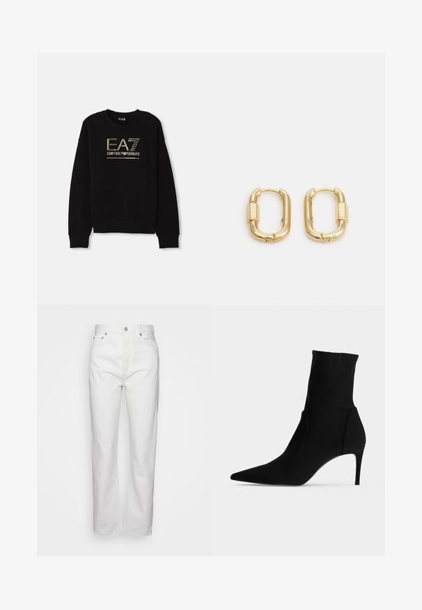 Zwarte sweatshirt met een opvallend gouden metallic logo "EA7 Emporio Armani" op de voorkant, met geribde mouwen en zoom.; Agolde PINCH WAIST - Straight leg jeans - marshmallow; Zwarte enkellaars met spitse neus en slanke hoge hak, in profiel getoond op een lichte achtergrond. Stijlvol en minimalistisch ontwerp.; sweet deluxe DELILAH - Oorbellen - gold-coloured