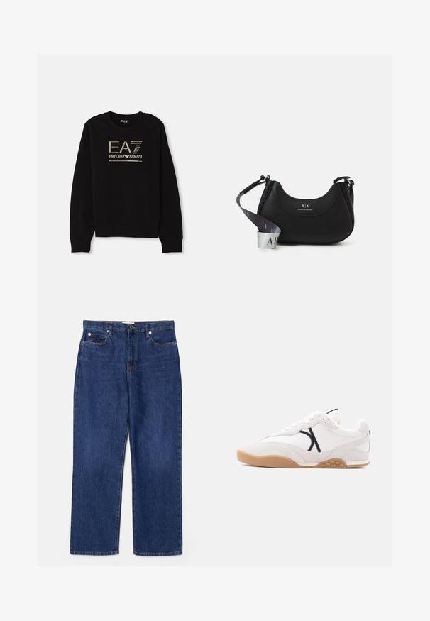 Mustmust, mille kulla metallik logo "EA7 Emporio Armani" esiküljel, ribitud varrukate ja servaga.; Tumed sinised denimid, kõrge vöökoht, sirge jalgade disain, viis taskut ja hõbedased metalldetailid. Omab peent kulumist ja õmmeldud õmblusi.; Valge toss kummi tallaga, musta õmblusega mustriga külgedel, paeltega kinnituv ja seemisnahast detailidega varbal ja kannal.; Mustast nahast käekott, millel on kumer kuju, esiküljel on logo reljeefne ja eemaldatav rihm gradatsioonimustriga.
