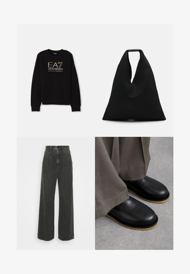 Mustmust, mille kulla metallik logo "EA7 Emporio Armani" esiküljel, ribitud varrukate ja servaga.; Goldsign THE EDGAR TROUSER - Wide leg - vaughn; Mustad nahast kingad, ümarate varvastega, lame tallaga ja kontrastse heleda pruuniga tallaga, koos laia halli pükstega.; Must mustre tote-kott, millel on ainulaadne V-kujuline disain ja sile tekstuur. Varustatud lühikese käepidemega, kus on minimalismiga varustatud riistvara detail.