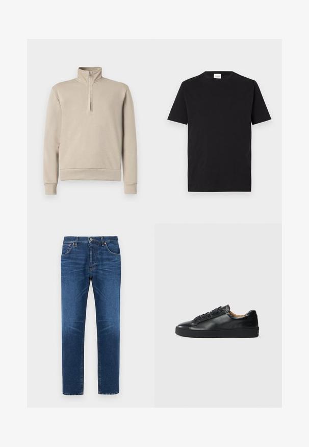 Beige mock neck sweatshirt med halv-zip foran, lange ærmer og ribbede manchetter og kant. Blød stofstruktur, minimalistisk design.; Sort bomulds T-shirt med rund hals og korte ærmer. Har et lige snit og et minimalistisk design, med et mærke synligt ved kraven.; Mørkeblå denimjeans med lige ben, der har fem lommer, knap- og lynlåslukning samt diskret falming på lårene.; Sorte lædersneakers med en glat overflade, rund tå og snørebåndslukning. Har en tyk gummisål og minimal branddetalje.