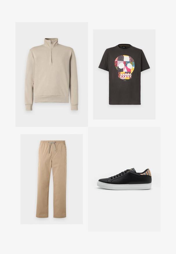 Sweatshirt beige à col montant avec une fermeture éclair mi-zip, manches longues et poignets et ourlet côtelés. Texture de tissu douce, design minimal.; T-shirt noir à manches courtes avec un graphique coloré de crâne en patchwork centré sur le devant et un petit texte blanc sous le crâne.; Pantalon décontracté beige pour homme avec ceinture élastique et cordon gris, coupe droite, poches avant et latérales.; Basket en cuir noir avec une semelle en caoutchouc blanc, présentant un accent rayé multicolore au niveau du talon et un devant à lacets noir avec œillets dorés.