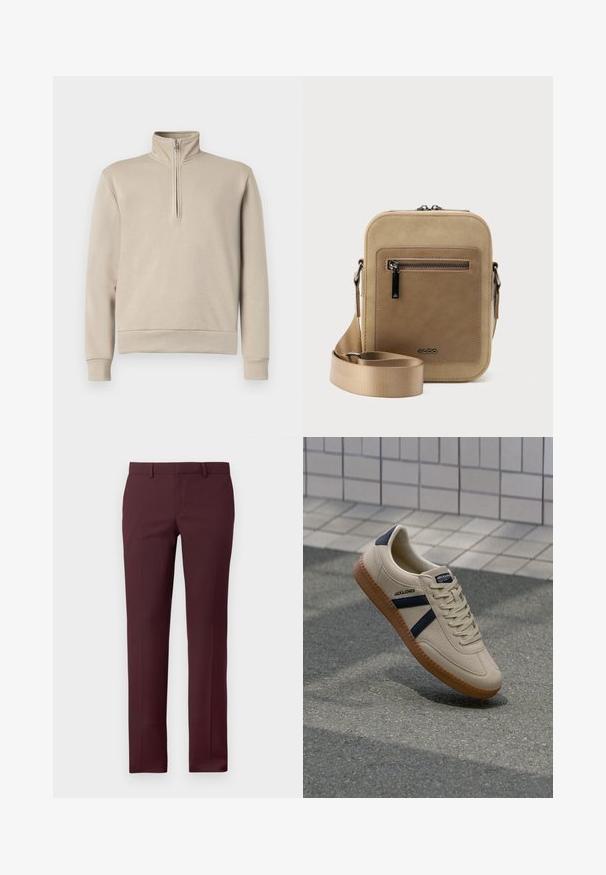 Sweatshirt beige à col montant avec une fermeture éclair mi-zip, manches longues et poignets et ourlet côtelés. Texture de tissu douce, design minimal.; Pantalons taillés bourgogne avec une coupe structurée. Comprend un devant plat, des passants de ceinture et aucune poche visible, fabriqués en tissu lisse.; Baskets beiges avec une finition texturée, bandes navy et semelle en caoutchouc. Équipées d'une languette rembourrée et d'un système de laçage traditionnel pour un maintien sécurisé.; Petit sac bandoulière beige avec poche avant zippée, logo métallique ALDO, sangle large ajustable et forme rectangulaire arrondie sur fond blanc.