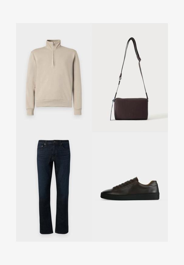 Sweatshirt beige à col montant avec une fermeture éclair mi-zip, manches longues et poignets et ourlet côtelés. Texture de tissu douce, design minimal.; Jean en denim bleu foncé avec une coupe droite, dotés d'un design classique à cinq poches et de détails de couture subtils.; Baskets basses en cuir marron foncé avec semelle en caoutchouc noire, lacets à l'avant et design minimaliste épuré sur fond clair.; Sac bandoulière en cuir marron foncé texturé avec une sangle réglable et un petit accent décoratif bleu sur le côté.