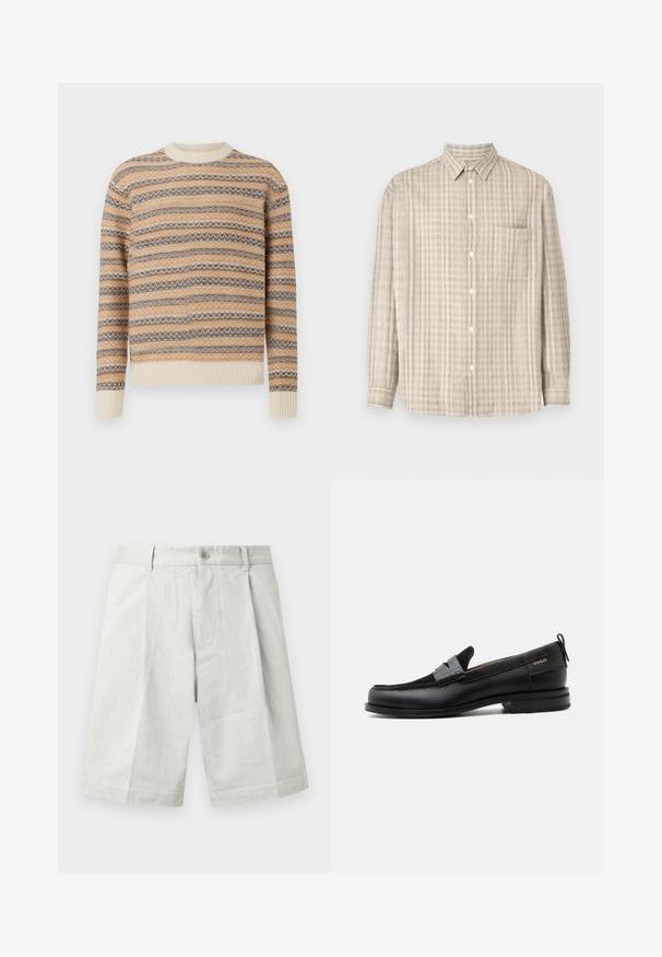 Gestrickter Pullover in Beige, Braun und Creme mit Zickzackstreifenmuster. Verfügt über einen Rundhalsausschnitt sowie gerippte Bündchen und Saum.; Hemd in hellbeige mit Karomuster, langen Ärmeln, einer Brusttasche und klassischem Kragen.; Hellgraue Shorts aus strukturiertem Stoff, mit einem Knopfverschluss, Falten und einem geraden Schnitt, geeignet für legere Trageanlässe.; Schwarzer Lederloafer mit grauem Riemendetail, niedrigem Absatz und strukturierter Sohle, seitlich mit „HUGO“ in Gold gebrandmarkt.