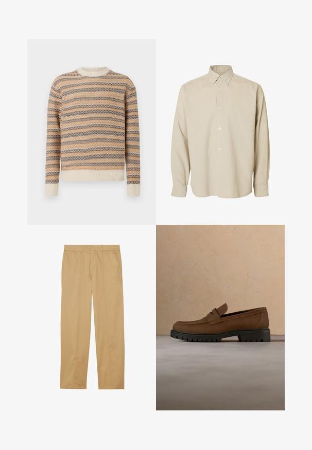 Pull en tricot beige, marron et crème avec un motif à rayures en zigzag. Présente un col rond et des poignets et un ourlet côtelés.; Chemise beige à manches longues avec boutons, col pointu et poignets boutonnés, présentée sur un fond blanc uni.; Pantalons kaki en tissu lisse, avec une coupe droite, deux poches avant et des détails de couture épurés et minimaux.; Mocassin en cuir marron foncé avec semelle épaisse en caoutchouc noir présenté au-dessus d’un tapis beige et d’un canapé en arrière-plan.