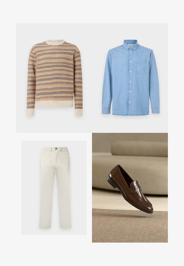 Pull en tricot beige, marron et crème avec un motif à rayures en zigzag. Présente un col rond et des poignets et un ourlet côtelés.; Chemise en denim bleu clair à manches longues avec une poche avant, une fermeture à boutons et un col classique sur fond blanc.; Pantalon beige à jambes droites avec poches avant, passants de ceinture, fermeture par bouton et braguette zippée, présenté sur un fond blanc.; Mocassin en cuir marron avec un motif texturé flottant au-dessus d'un tapis beige avec un canapé beige assorti en arrière-plan.
