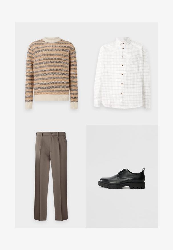 Gestrickter Pullover in Beige, Braun und Creme mit Zickzackstreifenmuster. Verfügt über einen Rundhalsausschnitt sowie gerippte Bündchen und Saum.; Weißes Hemd mit Knöpfen und einem Karomuster in Marineblau, ausgestattet mit einer Brusttasche, abgerundetem Saum und Holzknöpfen. Leichtes Material.; Braune maßgeschneiderte Hose mit Falten, mit Knopfverschluss, Gürtelschlaufen und einer glatten, gewebten Textur. Klassisches Design mit geradem Bein.; Schwarze Lederschuhe mit runder Zehenform, ausgestattet mit einer Schnürung, robustem schwarzen Gummisohle und einer kleinen Fersenschlaufe auf der Rückseite.