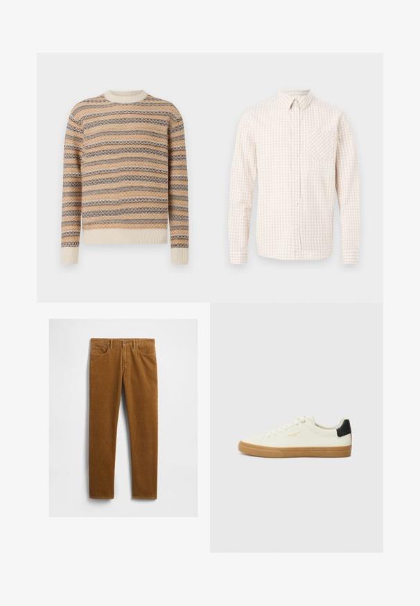 Pull en tricot beige, marron et crème avec un motif à rayures en zigzag. Présente un col rond et des poignets et un ourlet côtelés.; Chemise pour homme à manches longues avec un motif à carreaux beige et blanc, dotée d'un col pointu et d'une poche poitrine.; Pantalon en velours côtelé marron au design à jambes droites, avec cinq poches et une fermeture à bouton métal à la taille. Tissu texturé.; Sneaker en toile blanche avec une semelle en gomme, accent au talon noir, bout rond et design à lacets. Présente le logo de la marque en doré sur le côté.