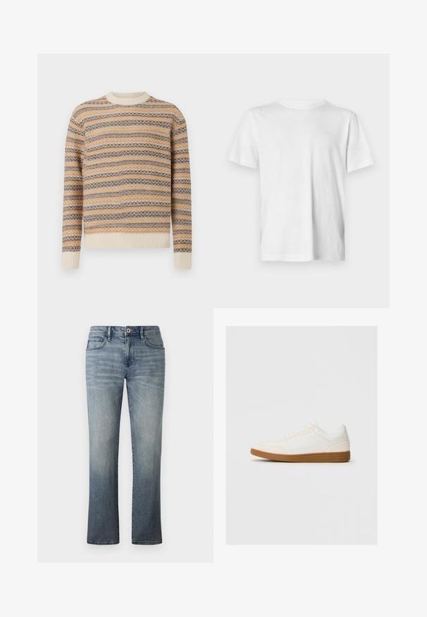 Gestrickter Pullover in Beige, Braun und Creme mit Zickzackstreifenmuster. Verfügt über einen Rundhalsausschnitt sowie gerippte Bündchen und Saum.; Weißes, kurzärmliges T-Shirt aus weicher Baumwolle, mit Rundhalsausschnitt und dezentem, geprägtem Logo auf der linken Brust.; Hellblaue Jeans aus Denim mit geradem Bein, im Fünf-Taschen-Stil, mit Metallknopfverschluss und dezenten Auswaschungen.; Weißer Sneaker mit einer Wildleder-Zehenkappe, glattem Synthetik-Obermaterial und einer sandfarbenen Gummisohle. Verfügt über Perforationen an den Seiten für Atmungsaktivität.