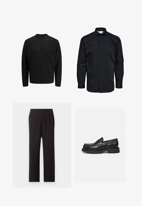 Pull en maille noir avec un col rond, doté de poignets et d'un ourlet à bords côtes. Texture douce, coupe classique, sans motifs ni accents visibles.; Chemise noire pour homme à manches longues avec boutonnage sur le devant et col classique, en tissu lisse.; Pantalon noir taille haute sur mesure avec plis, fermeture par boutons, passants de ceinture et jambes droites sur un fond clair uni.; Mocassin en cuir noir avec semelle épaisse crantée et détail de bride penny, présenté en profil droit sur fond blanc.
