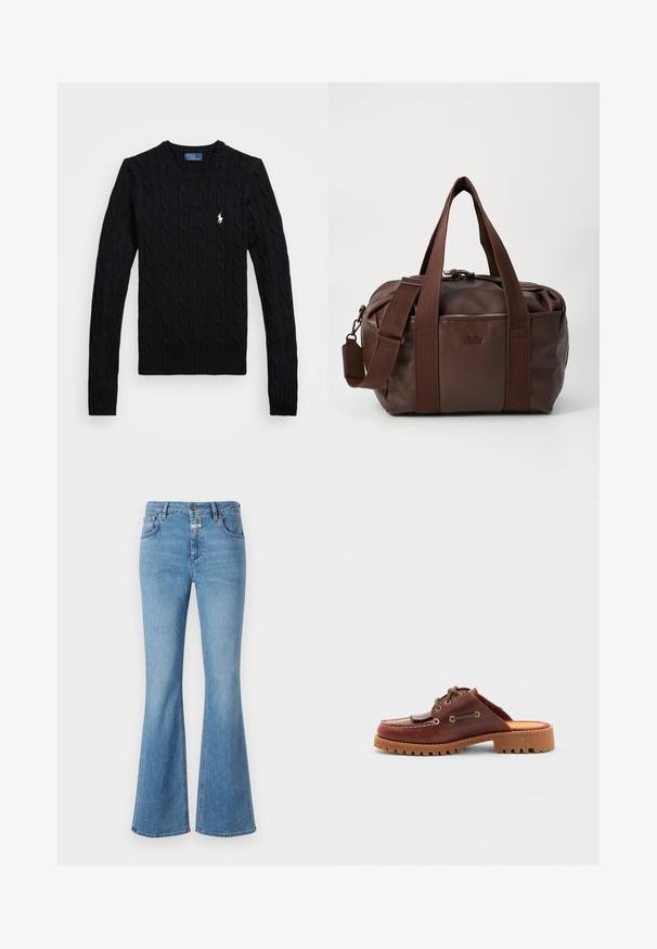 Sort kabel-strikket sweater med lange ærmer, med ribbet halsudskæring og manchetter. Lille logoaccent i hvidt på venstre bryst.; CLOSED JOVANNA - Jeans Bootcut - light blue; Brun læderslipsko i mokkasin-stil med dekorative snørebånd, guldøjer og en tekstureret gummisål.; Brun læder rejsetaske med to toppunkter og en aftagelig skulderrem; har en lynlåslukning og præget branding på siden.