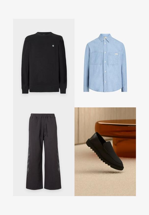 Sort langærmet sweatshirts med rund hals og lille hvidt cirkulært logo på venstre bryst, ribbede manchetter og kant.; Lyseblå button-up skjorte lavet af denimstof, med spidse kraver, to brystlommer og et lille logomærke på den venstre lomme.; Sorte, bredbenede sweatpants med elastisk talje, med en flammendesign på siden i grå, prydet med små rhinsten.; Sort slip-on sko med tyk rillede sål, der svæver over beige tæppe foran et rundt ambrafarvet bord.