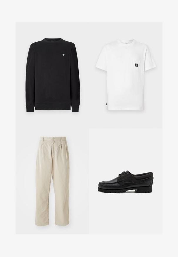 Schwarzer Langarm-Crewneck-Sweatshirt mit kleinem weißen runden Logo auf der linken Brust, gerippten Bündchen und Saum.; Weißes Baumwoll-T-Shirt mit Rundhalsausschnitt, kurzen Ärmeln und einer Brusttasche mit schwarzem Logo-Patch. Glatte Textur, lockere Passform.; Beige, leichte Hose mit lässiger Passform, eingeknöpften Bügelfalten vorne, Knopfverschluss und umschlagenen Säumen. Glatte Textur, minimales Design.; Schwarzer Schuh mit einem Obermaterial aus Leder, textilen Akzenten, runden Schnürsenkeln und einer strukturierten Gummisohle. Verfügt über Mokassin-Nähte und eine Markeninschrift.