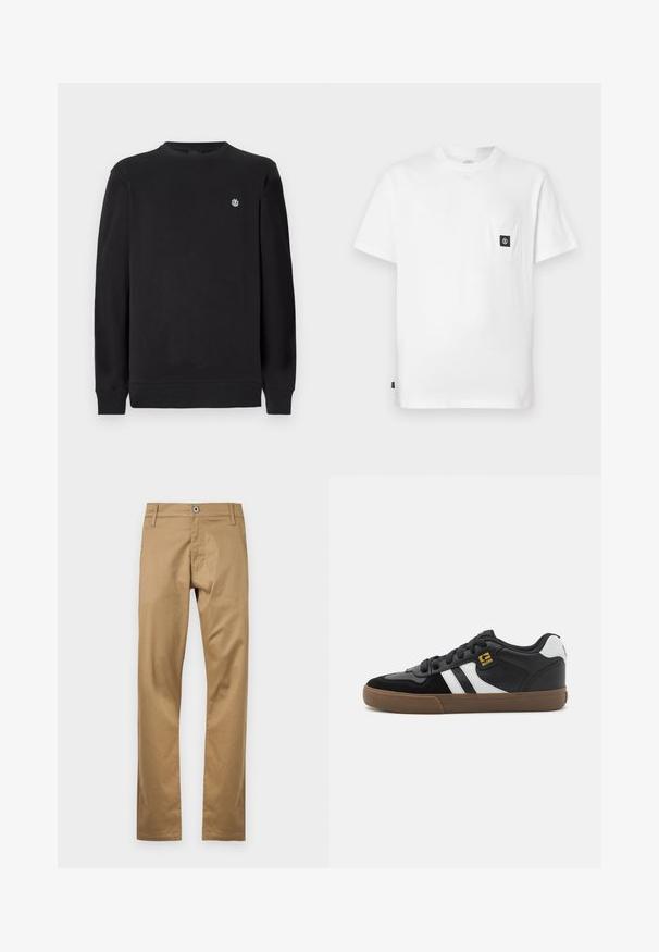 Sort langærmet sweatshirts med rund hals og lille hvidt cirkulært logo på venstre bryst, ribbede manchetter og kant.; Hvid bomulds T-shirt med rund halsudskæring, korte ærmer og en brystlomme med en sort logopatch. Glat tekstur, løs pasform.; Tan bomuldsbukser med lige ben-design, der har en frontknaplukning, bæltestropper og sidelommer. Glat tekstur.; Sorte og hvide sneakers med overdel i ruskind og læder, der har hvide striber, sorte snørebånd og en brun gummisål. Guld logo detaljer.