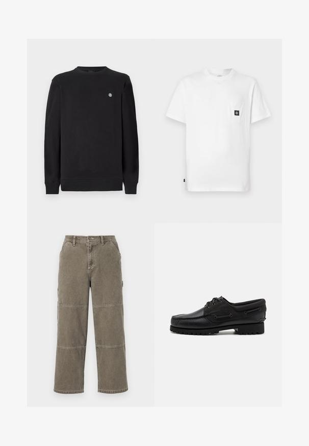 Schwarzer Langarm-Crewneck-Sweatshirt mit kleinem weißen runden Logo auf der linken Brust, gerippten Bündchen und Saum.; Weißes Baumwoll-T-Shirt mit Rundhalsausschnitt, kurzen Ärmeln und einer Brusttasche mit schwarzem Logo-Patch. Glatte Textur, lockere Passform.; Baumwoll-Cargohosen in gedämpftem Olivgrün mit weitem Bein, doppelten Nähnähten und seitlichen Taschen, ausgestattet mit einem Knopfverschluss und Gürtelschlaufen.; Schwarzer Schuh mit einem Obermaterial aus Leder, textilen Akzenten, runden Schnürsenkeln und einer strukturierten Gummisohle. Verfügt über Mokassin-Nähte und eine Markeninschrift.