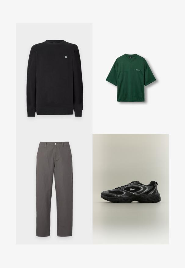 Schwarzer Langarm-Crewneck-Sweatshirt mit kleinem weißen runden Logo auf der linken Brust, gerippten Bündchen und Saum.; Dunkelgrünes Mesh-Sportshirt mit kurzen Ärmeln, V-Ausschnitt und kleinem weißen "Buroco"-Logo auf der linken Brust.; Graue Baumwollhose mit geradem Bein, ausgestattet mit einem frontalen Knopf, Reißverschluss und seitlichen Taschen. Glatte Textur, ohne Muster.; Schwarzer und grauer Sportschuh mit Netzpaneelen, Schnürdesign, dicker Sohle und einem kleinen Krokodil-Logo an der Seite.