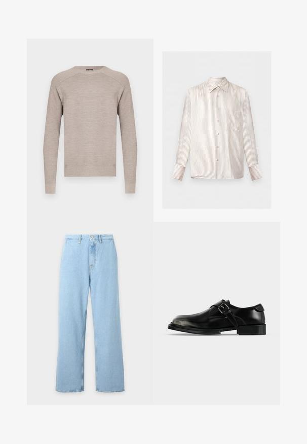 Pull en maille beige avec un col rond, manches longues et bords-côtes aux poignets et à l'ourlet. Texture lisse avec un motif subtil et uniforme.; Chemise blanche à manches longues avec fines rayures verticales noires, col pointu, poche poitrine et poignets boutonnés.; Jean bleu clair à taille haute et jambes larges avec passants de ceinture, bouton frontal et fermeture éclair, présenté sur un fond clair uni.; Chaussure habillée en cuir noir à boucle moniale argentée, bout arrondi, petit talon superposé et finition lisse et polie.