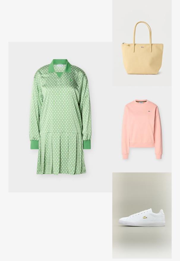 Sweatshirt rose clair à manches longues et col rond avec poignets et ourlet côtelés, arborant un petit logo crocodile vert Lacoste sur la poitrine.; Robe verte à manches longues avec motif géométrique blanc, col et poignets verts, jupe plissée, logo Lacoste sur la poitrine.; Baskets blanches en cuir lisse avec un embout arrondi, des lacets plats et un petit logo doré. Présente une semelle en caoutchouc texturée et un design sobre.; Sac fourre-tout jaune clair avec double poignée et un petit logo crocodile argenté sur le devant, posé sur un fond blanc uni.