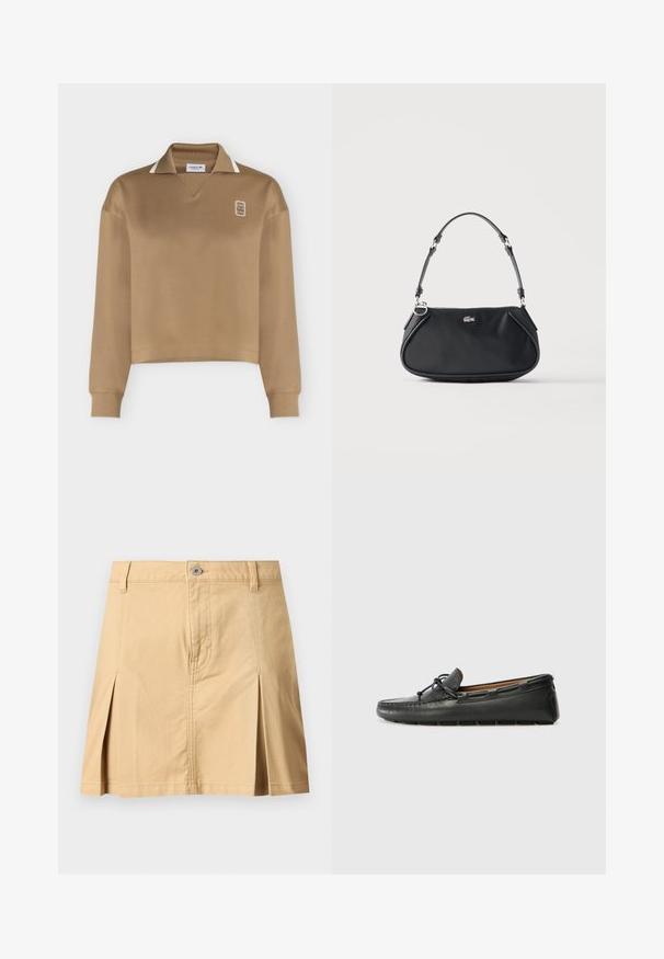 Polo beige à manches longues avec poignets côtelés, bordure de col blanche et petit logo brodé sur la poitrine gauche.; Jupe beige longueur genou avec passants de ceinture, fermeture à boutons sur le devant, deux plis avant et coutures visibles sur fond uni.; Bateau en cuir noir avec un bout arrondi, des détails de couture, un petit accent en nœud et une semelle en caoutchouc. Texture lisse et design épuré.; Sac d'épaule noir avec sangle réglable, fermeture éclair et petit logo crocodile argenté au centre devant.