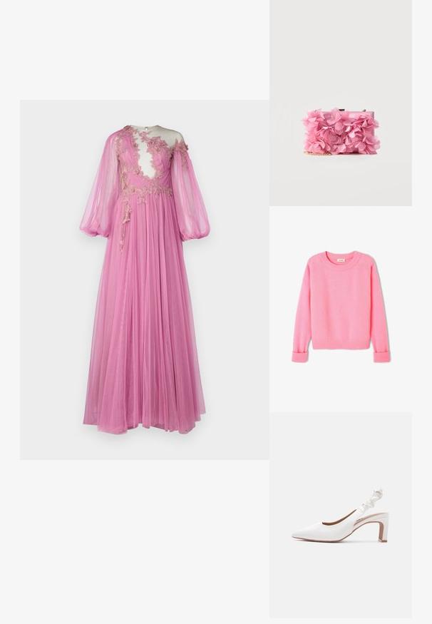 Pull rose, doux, avec un col arrondi, des poignets et un ourlet côtelés. La texture semble duveteuse, et le design est simple et classique.; Robe longue rose en tissu transparent, avec un corsage transparent orné de broderies florales, des manches ballons et une jupe fluide.; Escarpin blanc en cuir avec bride slingback, bout pointu, bride élastique froncée et talon bloc, sur un fond gris clair uni.; Petit sac pochette rectangulaire rose orné de fleurs en tissu superposées et d'une bandoulière chaîne dorée sur fond blanc.
