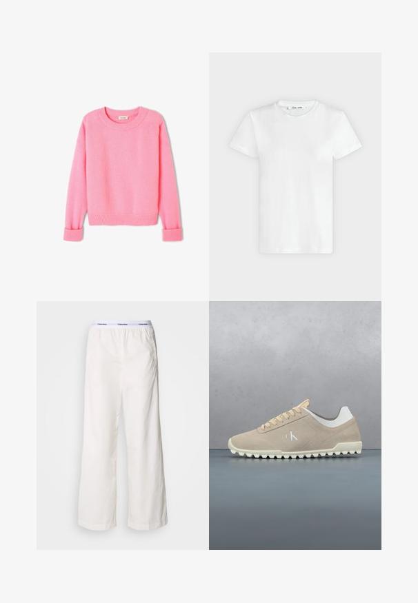 Pull rose, doux, avec un col arrondi, des poignets et un ourlet côtelés. La texture semble duveteuse, et le design est simple et classique.; T-shirt blanc uni à manches courtes et col rond, posé à plat sur un fond gris clair, montrant le devant avec l'étiquette à l'intérieur du col.; Pantalons larges blancs avec une taille élastique arborant un logo Calvin Klein en contraste. Fabriqués à partir d'un tissu lisse, ils offrent une coupe décontractée.; Baskets en daim beige avec semelle blanche et logo "ck", flottant au-dessus d'un sol en carreaux de bois avec des interstices de gravier et un arrière-plan flou de plantes.