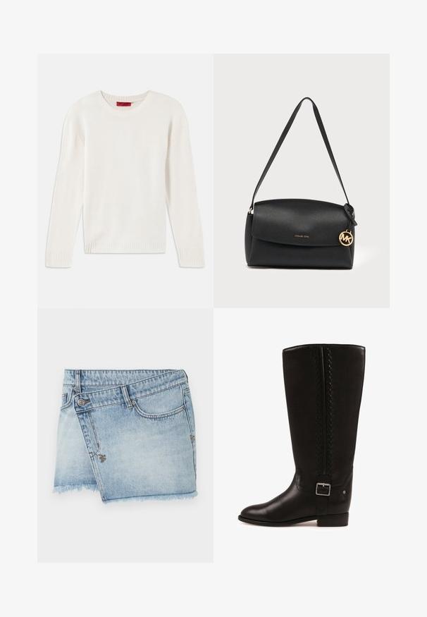 Cremefarvet langærmet strikket sweater med rund hals og ribbede manchetter og kant, lagt fladt på en hvid baggrund.; Denimnederdel i lyseblå med frynset kant, fem-lomme-design og knappelukning med syningsdetaljer.; Sort knæhøj læderstøvle med sidelås, dekorativ syning langs skaftet og lav blokhæl.; Sort skuldertaske i læder med klap, guldfarvet Michael Kors-logo vedhæng og justerbar rem på en simpel lys baggrund.