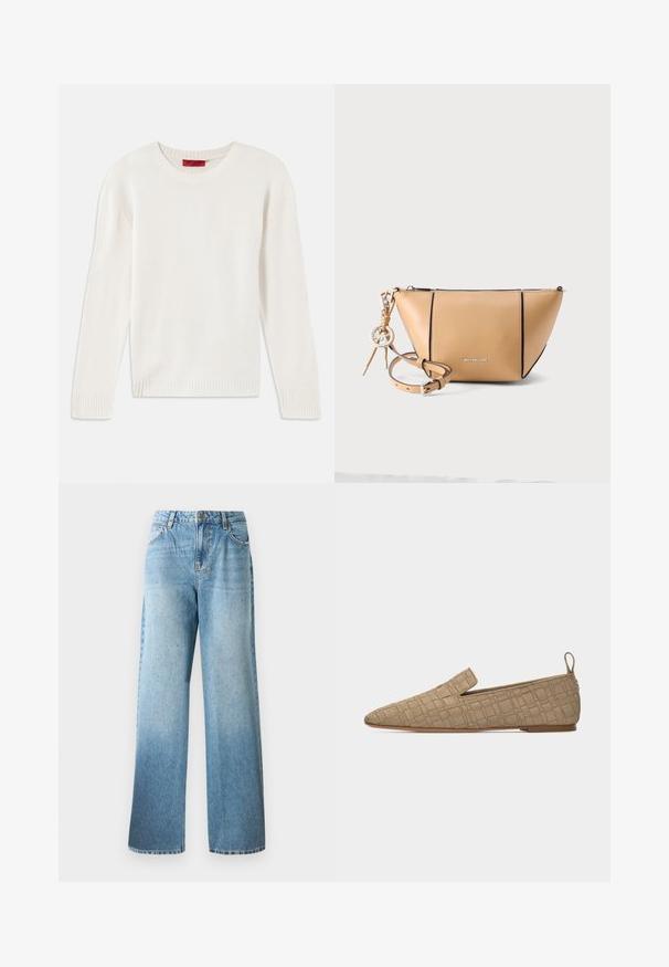 Cremefarvet langærmet strikket sweater med rund hals og ribbede manchetter og kant, lagt fladt på en hvid baggrund.; Lyseblå denimjeans med løs pasform, lige ben og subtile detaljer. Har traditionelt fem-lomme design og bæltestropper.; Beige vævet tekstureret flad sko med spids tå, lav hæl og trækflap ved hælen, vist mod en hvid baggrund.; Tanfarvet Michael Kors skuldertaske i læder med lynlås, sort kant og aftagelig rem med logohængsmykke.