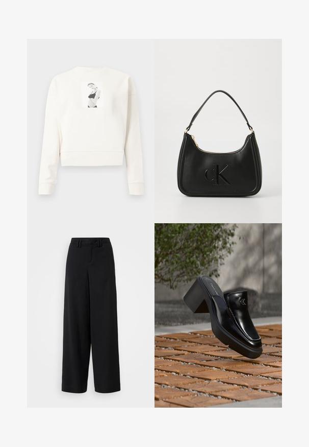 Sweatshirt court à manches longues blanc avec une photo imprimée en noir et blanc d'une femme en sous-vêtements noirs au centre avant.; Pantalons large en noir en tissu lisse, avec une taille plate, des détails plissés et des passants de ceinture à la taille.; Mule slip-on en cuir noir Calvin Klein avec talon bloc reposant sur des carreaux en bois à l'extérieur près d'une plante verte et d'un mur gris.; Sac à main en cuir noir avec une forme courbée, doté d'une fermeture éclair dorée et d'un logo "cK" discret en relief. Texture lisse et une seule poignée.