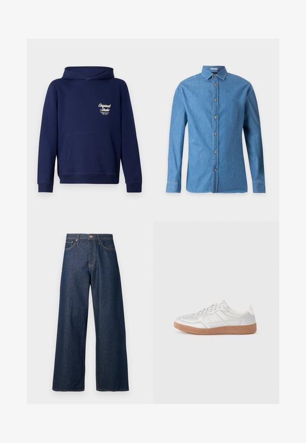 Mørkeblå hoodie med en frontkangaroo lomme, ribbede ærmer og et logo på brystet. Lavet af blødt stof med en glat tekstur.; Blå denim langærmet skjorte med krave og brune knapper foran, vist mod en ensfarvet lysegrå baggrund.; Vidbenede jeans lavet af mørkt denim med orange syninger, som har fem lommer, en knaplukning foran og en lige silhuet.; Sølv sneakers med en glat overflade, snørebånd, perforerede detaljer og en struktureret brun gummi sål.
