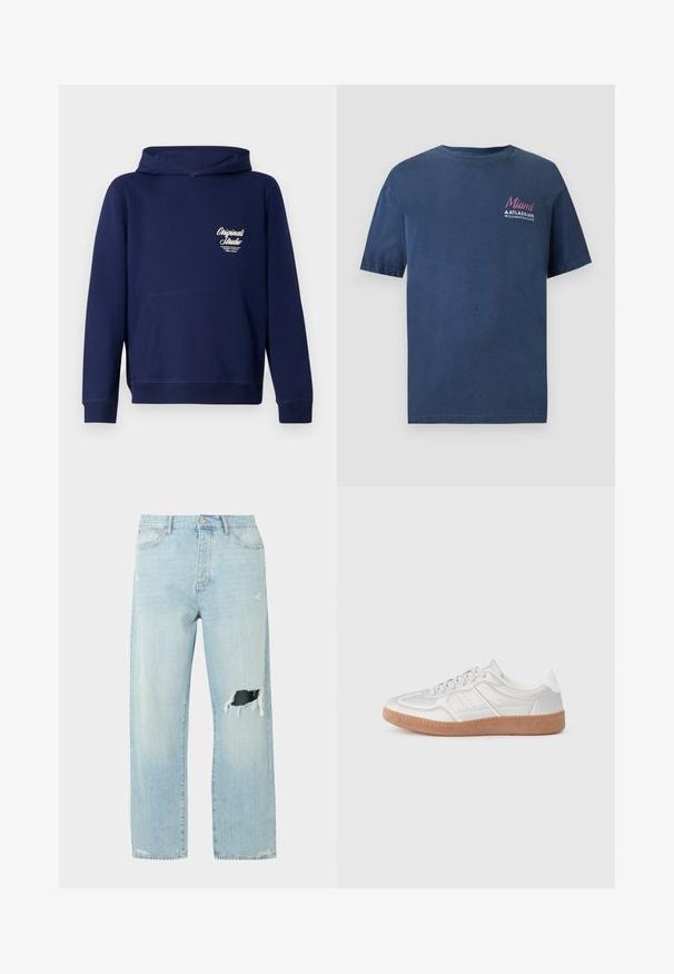 Mørkeblå hoodie med en frontkangaroo lomme, ribbede ærmer og et logo på brystet. Lavet af blødt stof med en glat tekstur.; Mørkeblå T-shirt med korte ærmer og rund hals, med teksten "Miami Atlassian Williams Racing" trykt på øverste venstre bryst.; Lyseblå straight-leg jeans med et stort revet hul på højre lår og mindre slidte detaljer på venstre lår og kanter.; Sølv sneakers med en glat overflade, snørebånd, perforerede detaljer og en struktureret brun gummi sål.
