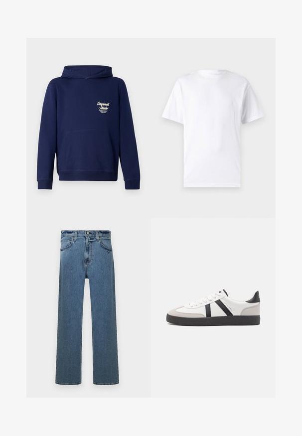 Mørkeblå hoodie med en frontkangaroo lomme, ribbede ærmer og et logo på brystet. Lavet af blødt stof med en glat tekstur.; Hvid kortærmet t-shirt lavet af bomuld med rund hals, der har en glat tekstur og et simpelt design uden mønstre eller accenter.; Blå straight-leg denim jeans med fem lommer, bæltestropper og knaplukning, vist på en hvid baggrund.; Hvide sneakers med sorte og grå detaljer, med en tekstureret grå tåhætte, sort gummisål og flade hvide snørebånd. Rent design, minimalistisk stil.