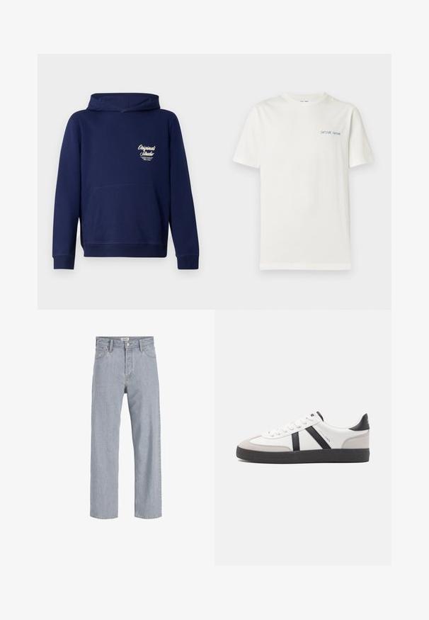 Mørkeblå hoodie med en frontkangaroo lomme, ribbede ærmer og et logo på brystet. Lavet af blødt stof med en glat tekstur.; Hvid kortærmet t-shirt med lille blåt "SAMSØE SAMSØE" tekstlogo på venstre bryst.; Lysblå denimjeans med en afslappet pasform, lige benudforming, synlige syninger, to forlommer og knaplukning.; Hvide sneakers med sorte og grå detaljer, med en tekstureret grå tåhætte, sort gummisål og flade hvide snørebånd. Rent design, minimalistisk stil.