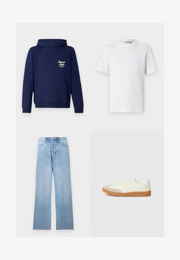 Mørkeblå hoodie med en frontkangaroo lomme, ribbede ærmer og et logo på brystet. Lavet af blødt stof med en glat tekstur.; Hvid kortærmet t-shirt i vaffelmønster med rund hals og et lille mærke med brandnavn inde i kraven, vist på en ensfarvet baggrund.; Lyseblå denimjeans med lige ben, lukning med øverste knap, fem-lommer-design og frynset kant.; Sneaker lavet af hvid læder med en beige tåhætte og let brunt gummisål. Har flade hvide snørebånd og prægede branding på siden.