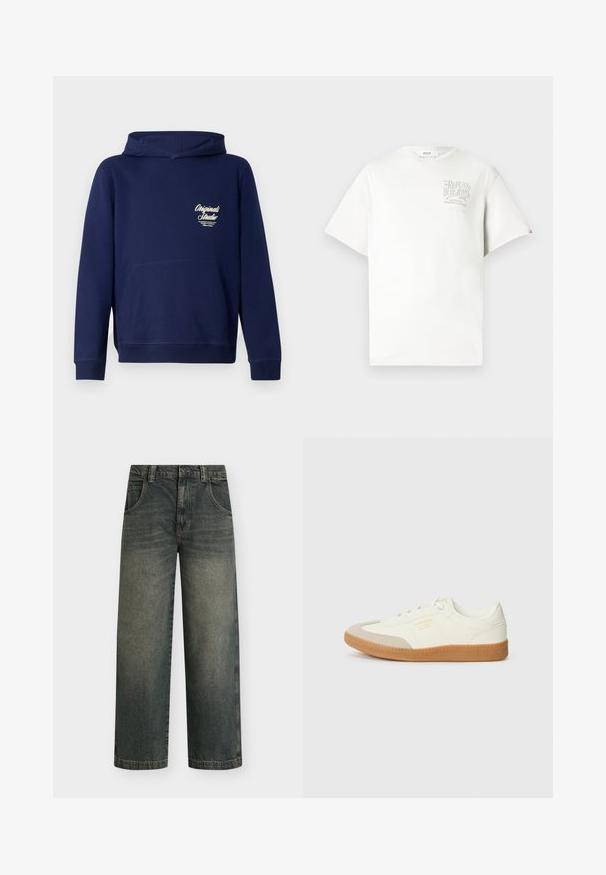 Un sweat à capuche bleu marine avec une poche kangourou à l'avant, des poignets côtelés et un logo sur la poitrine. Fabriqué en tissu doux avec une texture lisse.; T-shirt en coton blanc à manches courtes, avec un logo imprimé en gris sur la poitrine gauche. Col rond, coupe décontractée et accents minimaux.; Jean large en denim foncé avec un effet délavé, cinq poches et une fermeture par bouton ; avec des surpiqûres contrastées et un ourlet droit.; Baskets en cuir blanc avec une coque beige et une semelle en caoutchouc marron clair. Dotées de lacets blancs plats et d'un logo embossé sur le côté.