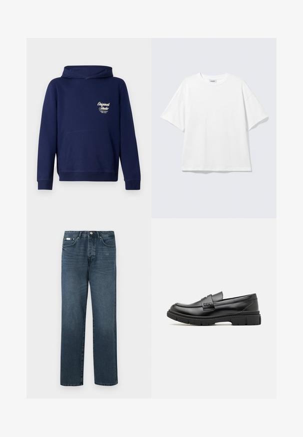Mørkeblå hoodie med en frontkangaroo lomme, ribbede ærmer og et logo på brystet. Lavet af blødt stof med en glat tekstur.; Hvid oversized t-shirt med korte ærmer og rund halsudskæring med sænkede skuldre, fladt lagt på lys grå baggrund.; Mørkeblå denimbukser med lige pasform, fem lommer, bæltestropper og lynlås. Glat tekstur med subtile blegede detaljer.; Sort læder loafersko med en bred rem over forfoden, gummisål med tykke mønstre og glat overflade. Klassisk, slankt design.
