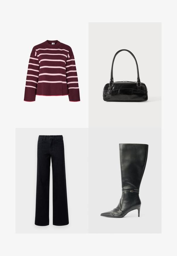 Maroonsweater med horisontale lyserøde striber. Rund halsudskæring, ribbede manchetter og kant. Har et cropped design med lyserøde detaljer.; Bredde ben sorte denim jeans med høj talje, der har standardlommer og knaplukning. Glat tekstur med en let stræk.; Sorte knæhøje støvler i læder med en slank hæl, spids tå og remdetaljer ved anklen. Glat tekstur og tætsiddende design.; Sort læderhåndtaske med rektangulær form, der har et enkelt struktureret håndtag, sølvhardware og lynlås-lukning. Glat tekstur.