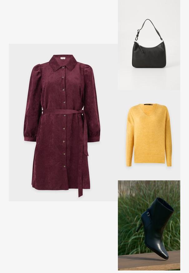 Keltainen, ribattu neulepaita V-pääntiellä ja pitkillä hihoilla. Pehmeä rakenne, hieman löysä istuvuus ja rento muotoilu.; Burgundininen corduroy-mekko, jossa on kaulukset, pitkät puffihihat, nappilista edessä ja yhteensopiva vyö vyötäröllä.; Musta nahkainen nilkkurit, joissa on terävä kärki, pinottu korko, hohtava pinta sekä koristeellinen remmi hopeisella soljella.; Mustat nahkakäsilaukku, jossa on kaareva muoto, yksi hihna, vetoketjukiinnitys ja hienovarainen brändäys etuosassa. Sujuva pinta, minimalistinen muotoilu.
