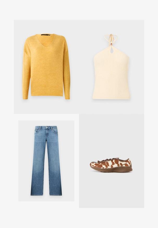 Suéter amarillo de punto acanalado con escote en V y mangas largas. Textura suave, corte ligeramente holgado y un diseño casual.; Top halter de punto acanalado color crema con abertura en forma de ojo de cerradura y tirantes finos atados al cuello, mostrado sobre un fondo liso.; Vaqueros de mezclilla azul claro de pierna recta con botón frontal, cremallera, trabillas para cinturón y bolsillos delanteros y traseros.; Zapatilla de colores marrón y crema con una parte superior suave y texturizada y una suela marrón lisa. Presenta un diseño con cordones y una marca sutil.