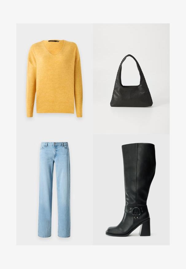 Suéter amarillo de punto acanalado con escote en V y mangas largas. Textura suave, corte ligeramente holgado y un diseño casual.; Jeans de mezclilla azul claro, diseño de pierna recta, con cinco bolsillos y cierre frontal de botón. Textura suave con un ligero desvanecimiento.; Botas de cuero negro hasta la rodilla con puntera cuadrada, tacón ancho y una correa decorativa con acentos metálicos alrededor del tobillo. Textura suave.; Bolso de cuero negro con forma triangular, un gran asa recortada y costuras detalladas a lo largo de los bordes. Textura suave.